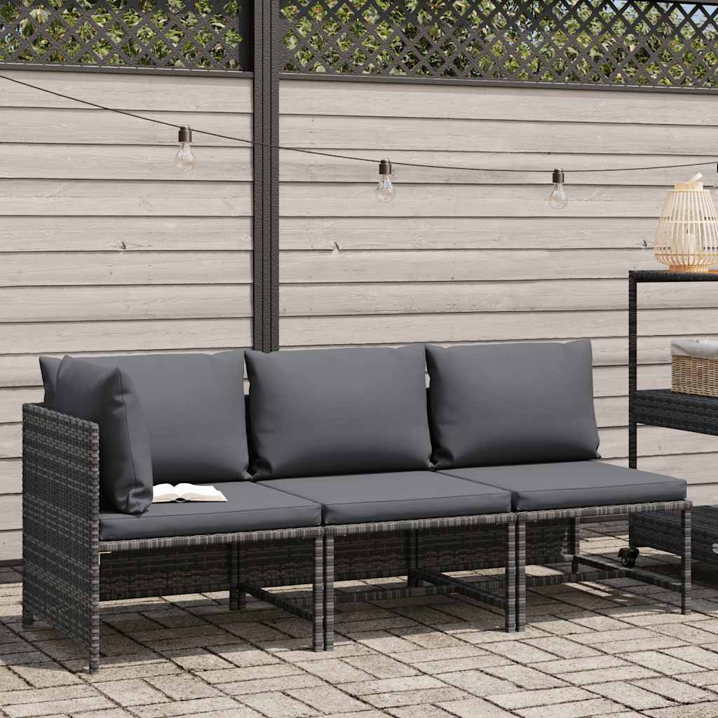 Set Divani da Giardino 3 pz con Cuscini in Polyrattan Grigio