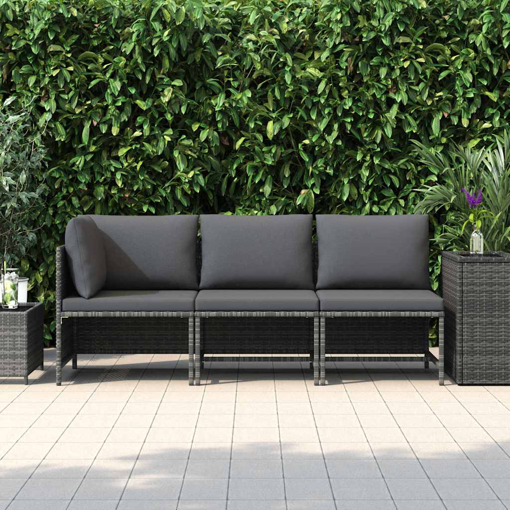 Set Divani da Giardino 3 pz con Cuscini in Polyrattan Grigio