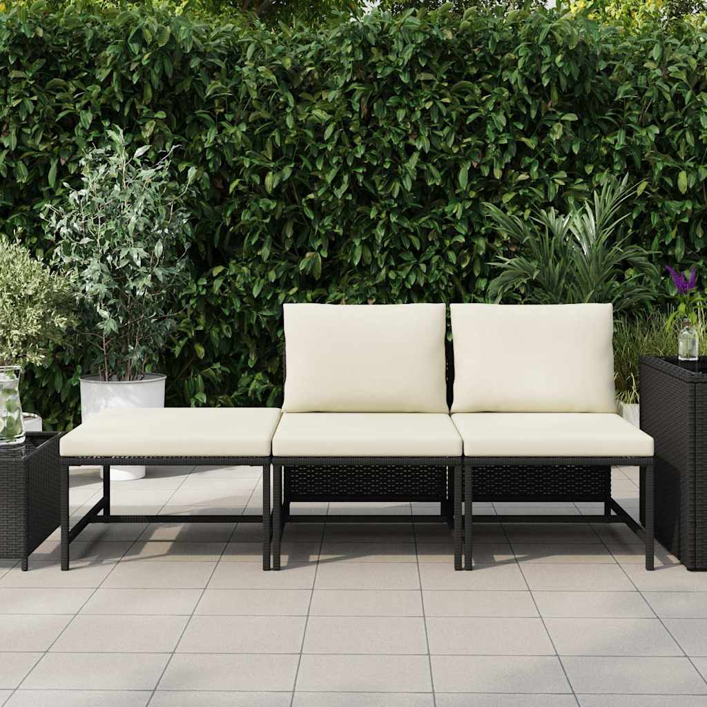 Set Divani da Giardino 3 pz con Cuscini in Polyrattan Nero