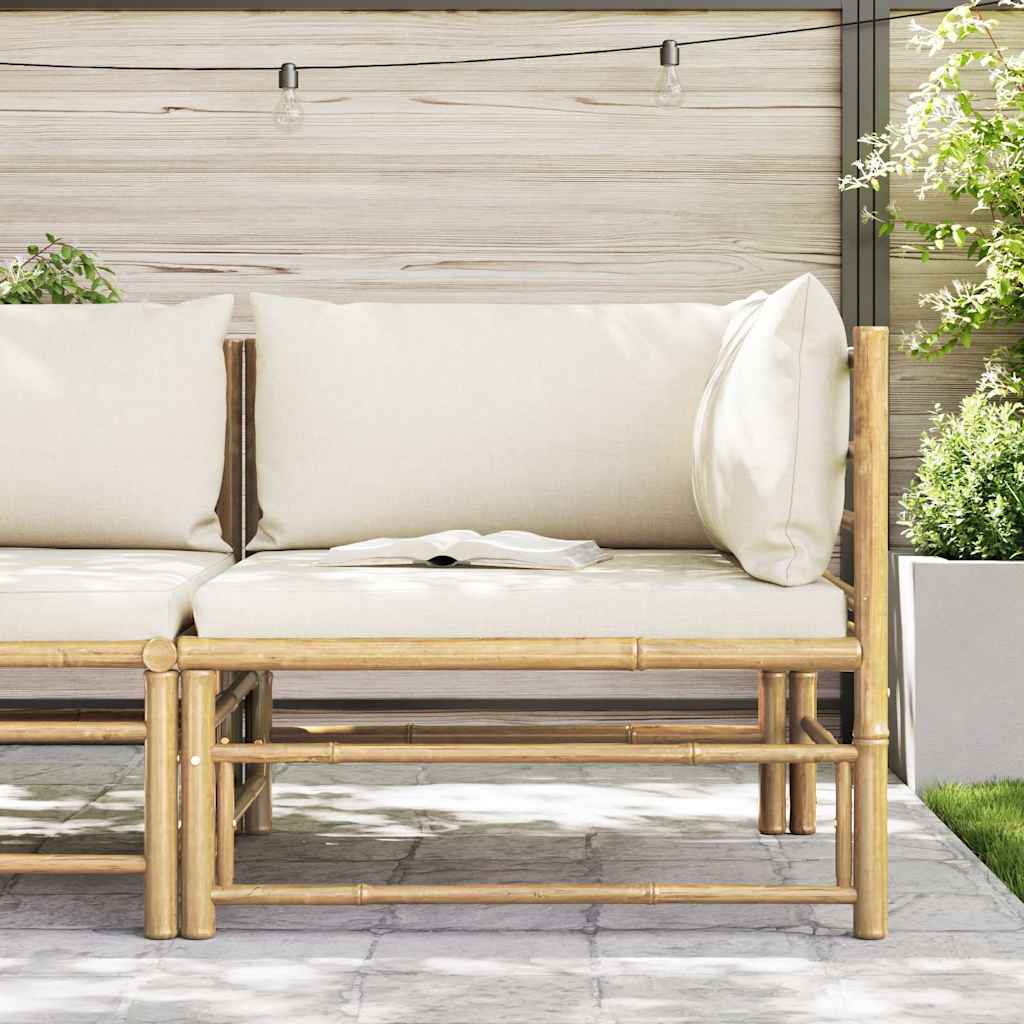 Divano Angolare da Giardino con Cuscini Bianco Crema in Bambù