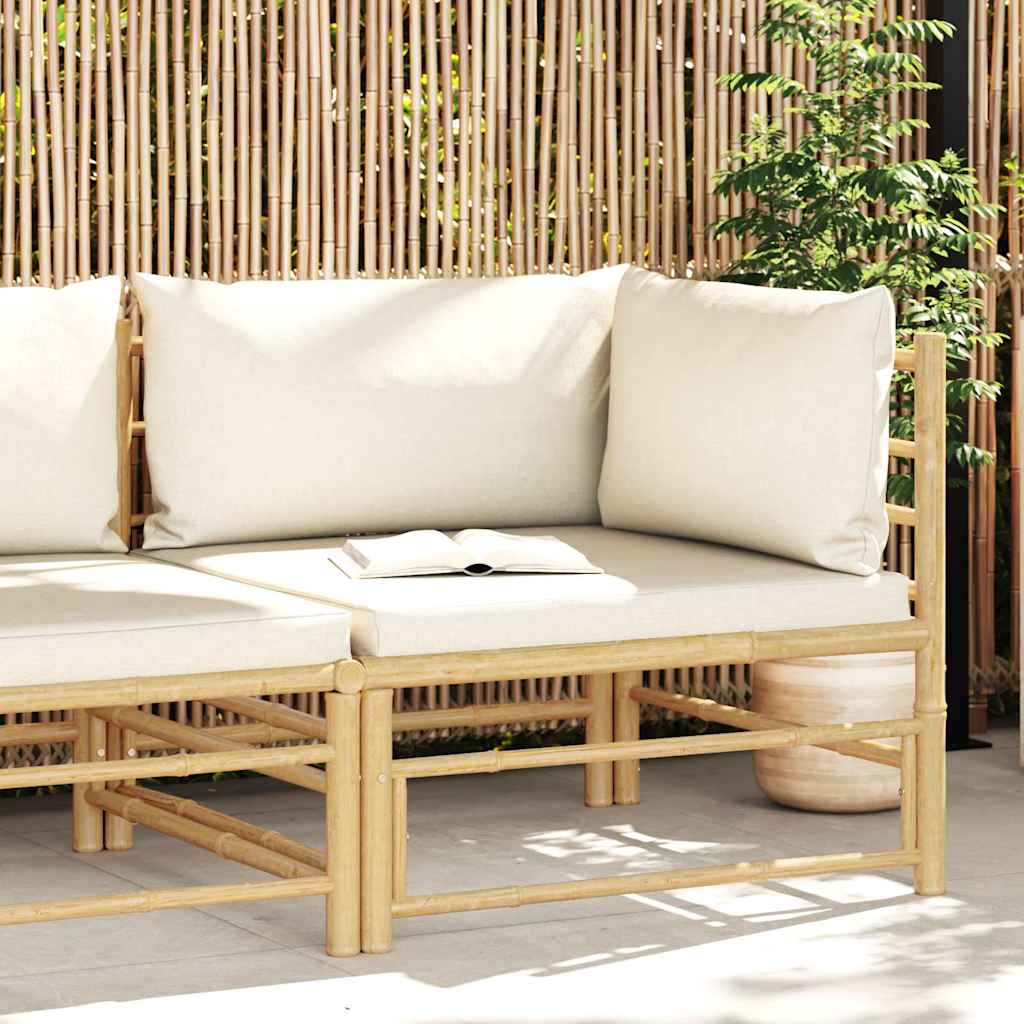 Divano Angolare da Giardino con Cuscini Bianco Crema in Bambù