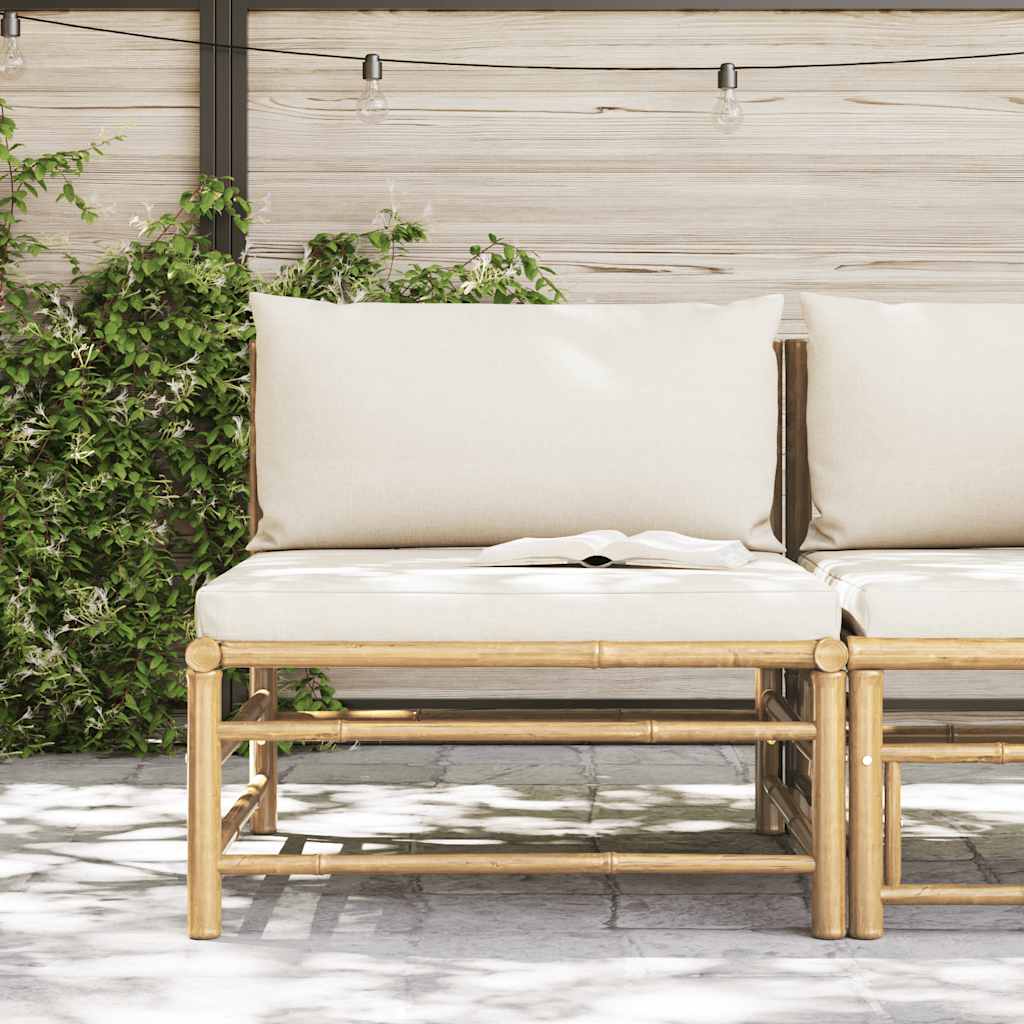 Divano Centrale da Giardino con Cuscini Bianco Crema in Bambù