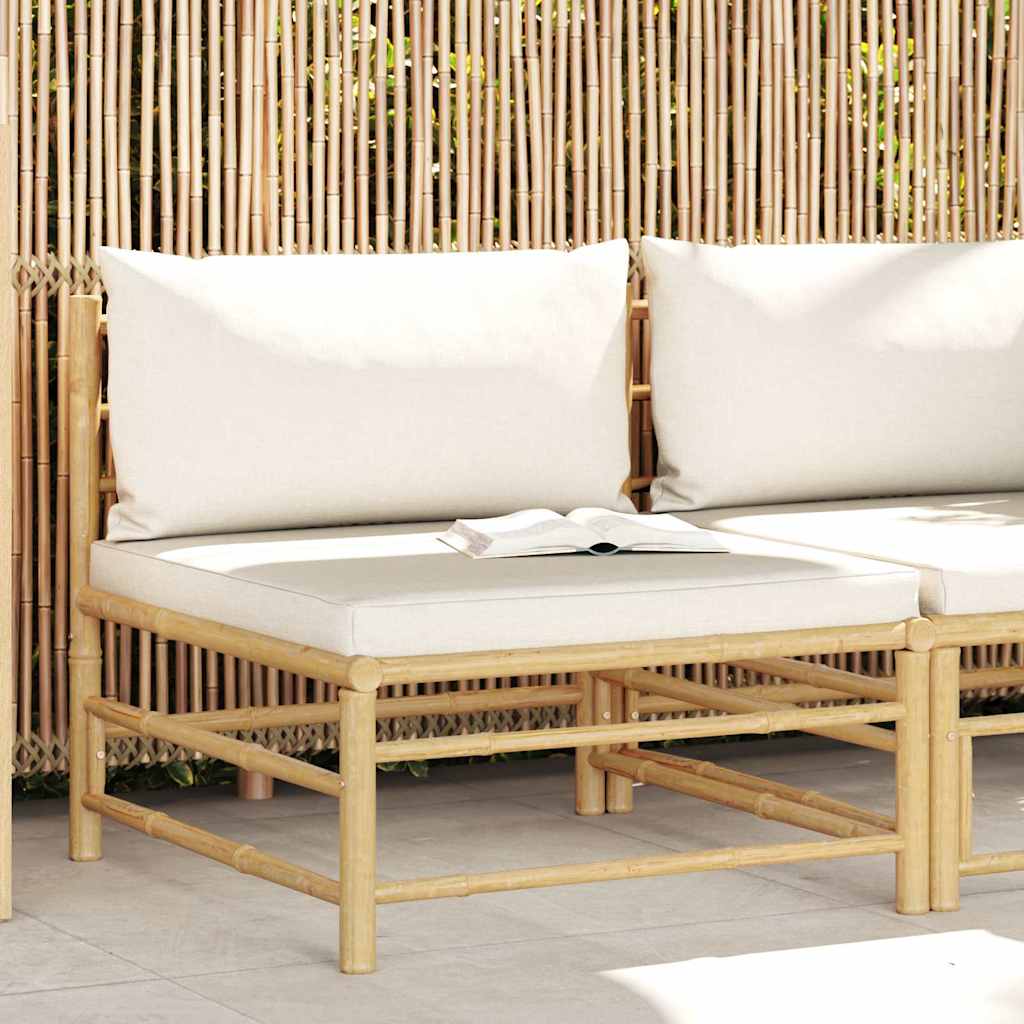 Divano Centrale da Giardino con Cuscini Bianco Crema in Bambù