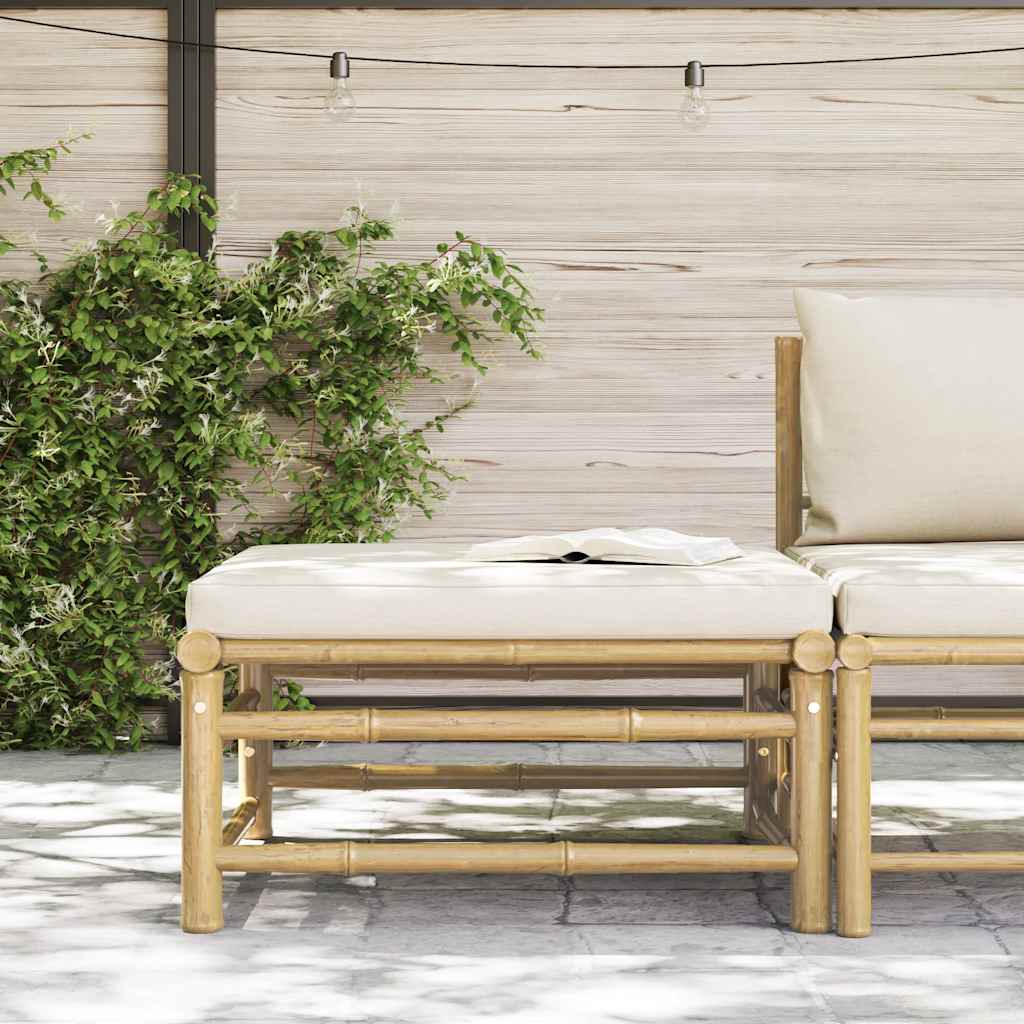 Poggiapiedi da Giardino con Cuscino Bianco Crema in Bambù