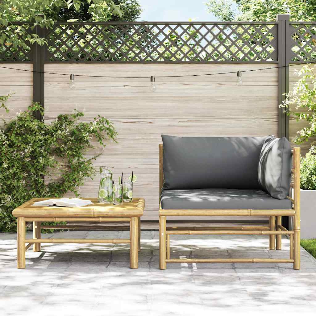 Set Divani da Giardino 2 pz con Cuscini Grigio Scuro in Bambù