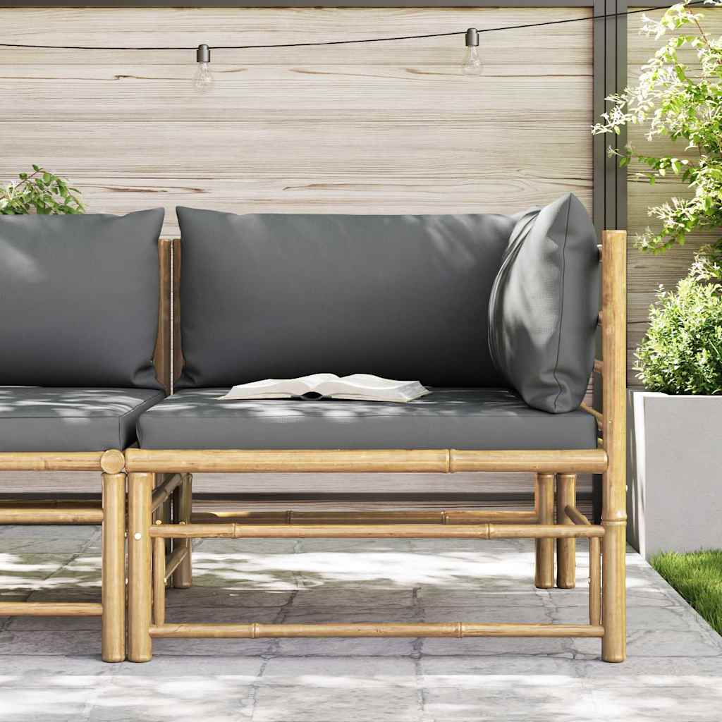 Divano Angolare da Giardino con Cuscini Grigio Scuro in Bambù