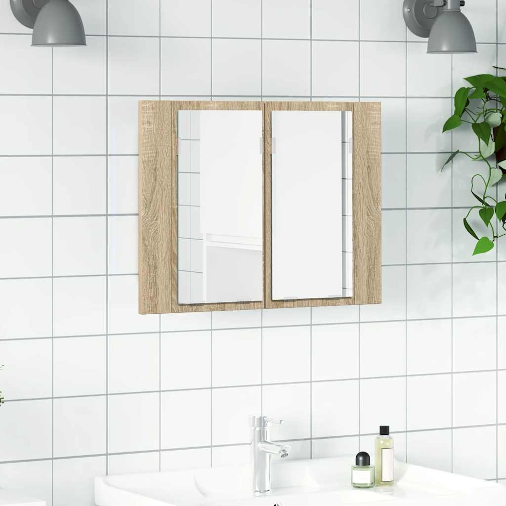 Armadietto a Specchio con Luci LED Rovere Sonoma in Acrilico