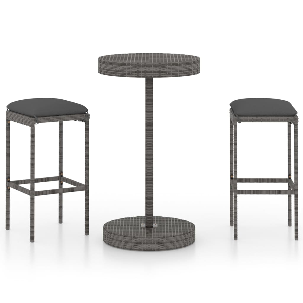 Set Bar da Giardino 3 pz con Cuscini in Polyrattan Grigio