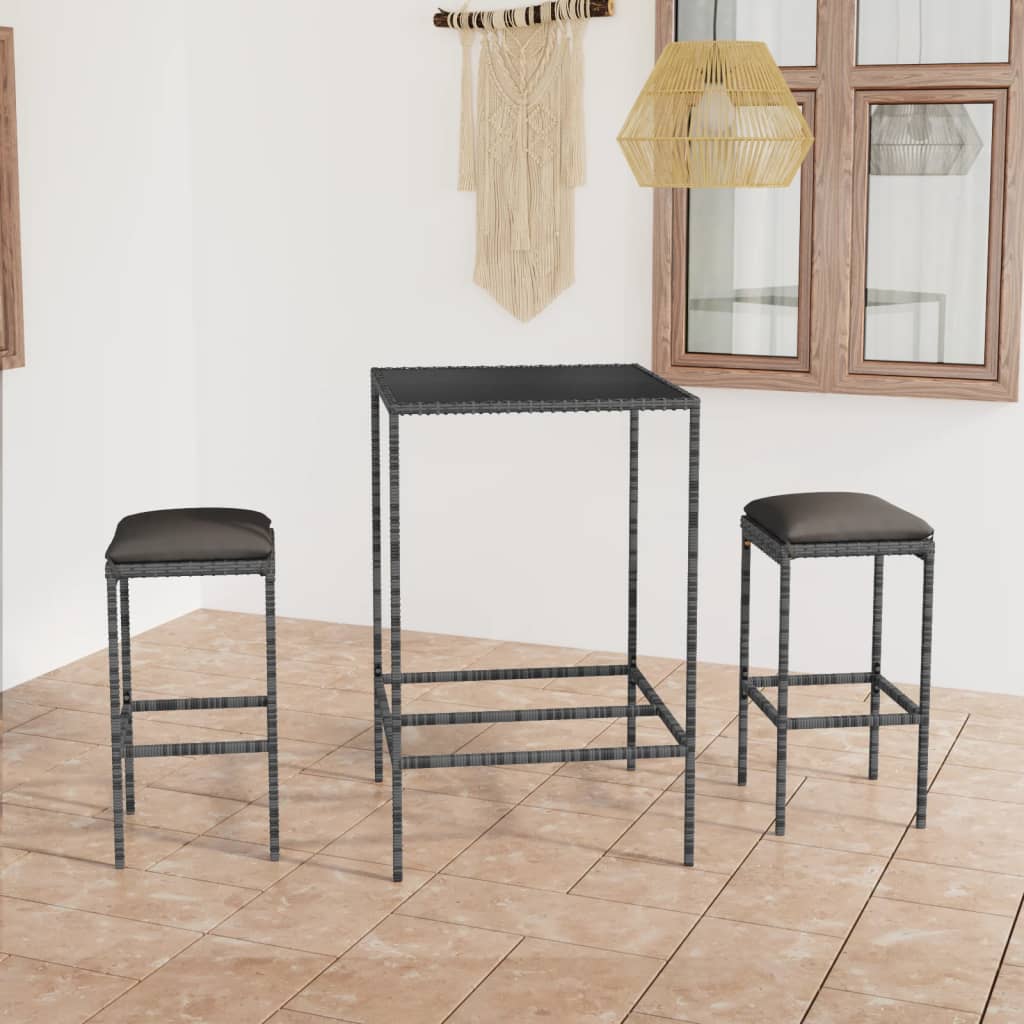 Set da Bar da Giardino 3 pz con Cuscini in Polyrattan Grigio