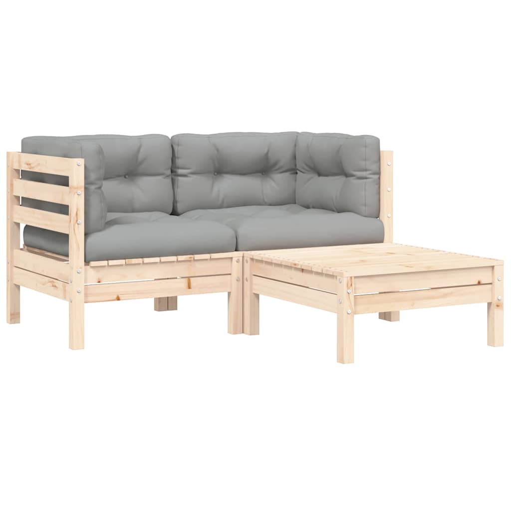 Set Divani da Giardino 3 pz con Cuscini Grigi Massello di Pino