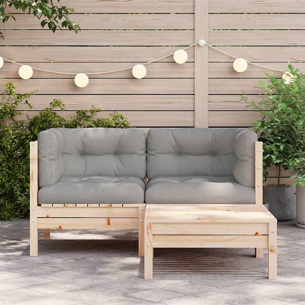 Set Divani da Giardino 3 pz con Cuscini Grigi Massello di Pino