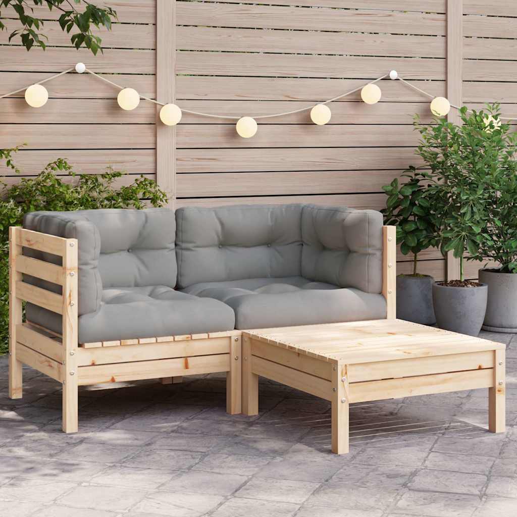 Set Divani da Giardino 3 pz con Cuscini Grigi Massello di Pino