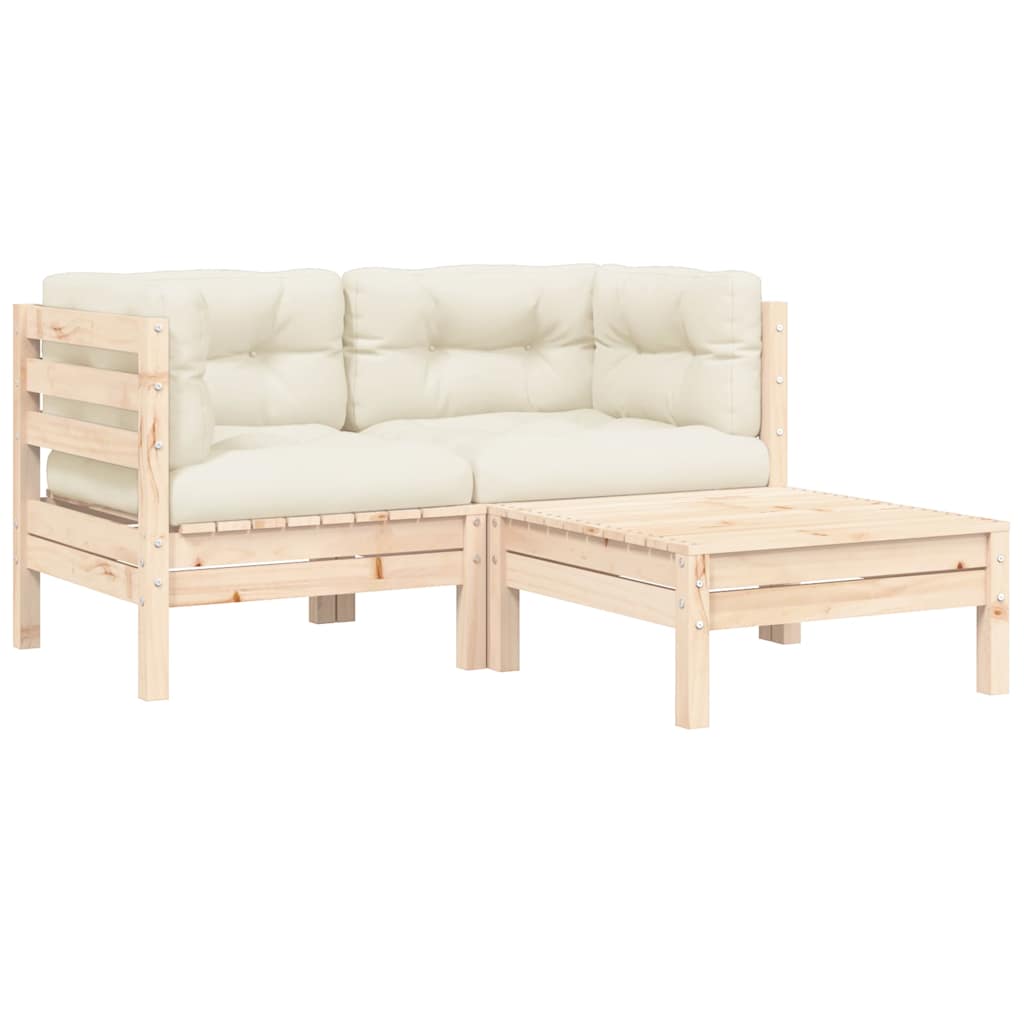 Set Divani da Giardino 3 pz con Cuscini Crema Massello di Pino