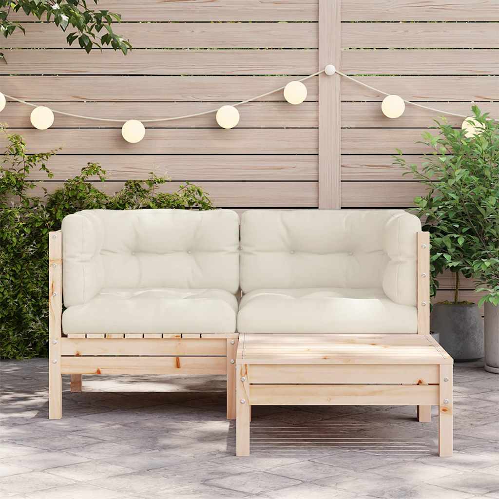 Set Divani da Giardino 3 pz con Cuscini Crema Massello di Pino