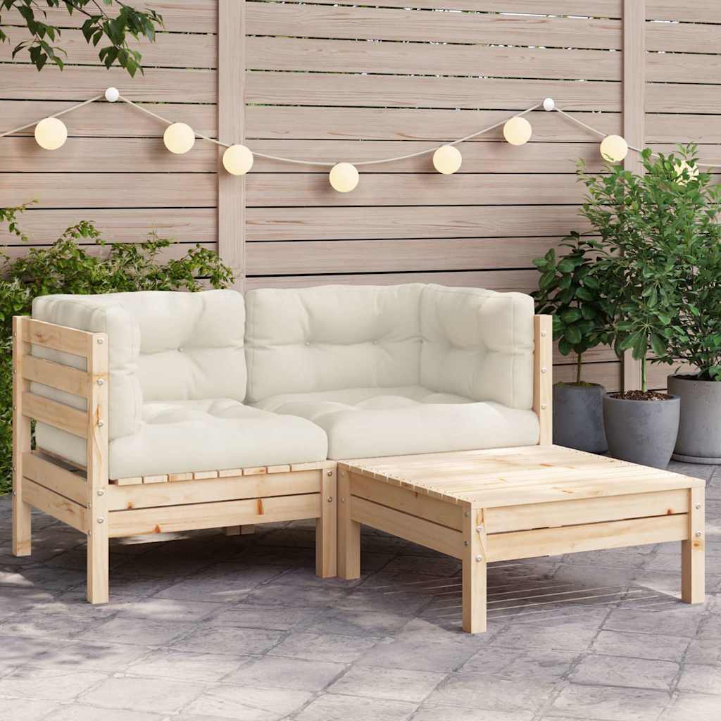 Set Divani da Giardino 3 pz con Cuscini Crema Massello di Pino
