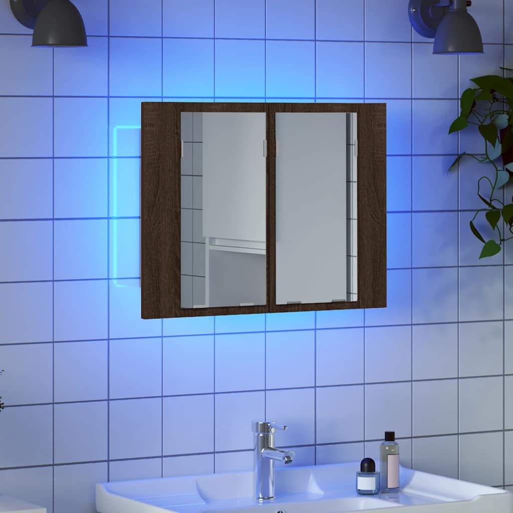 Mobile Specchio LED Rovere Marrone 60x12x45cm Legno Multistrato