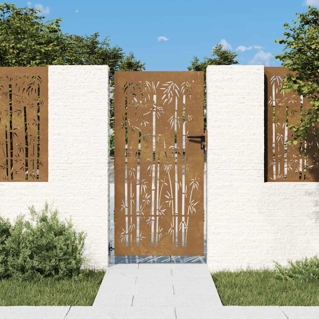 Cancello da giardino 85x200 cm in acciaio corten e design in bambù