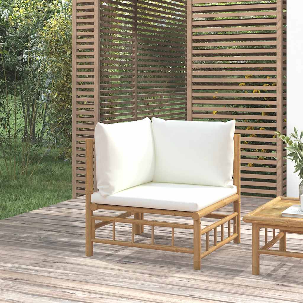 Divano Angolare da Giardino con Cuscini Bianco Crema in Bambù