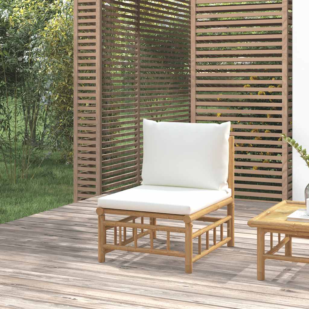 Divano Centrale da Giardino con Cuscini Bianco Crema in Bambù