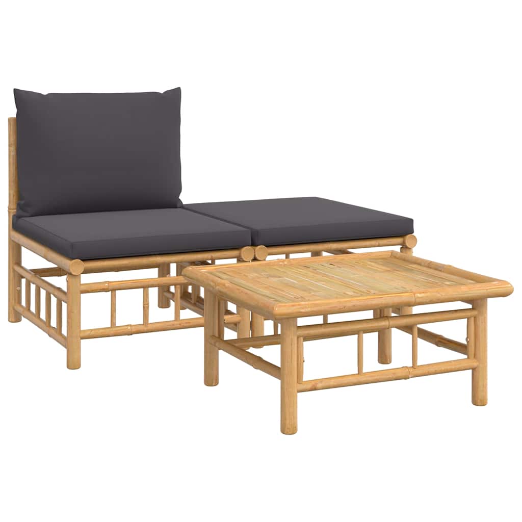 Set Salotto da Giardino 3pz con Cuscini Grigio Scuro Bambù