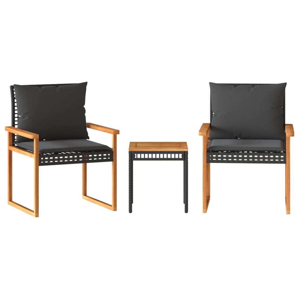 Set da Bistrò 3 pz con Cuscini Nero Polyrattan e Legno Acacia