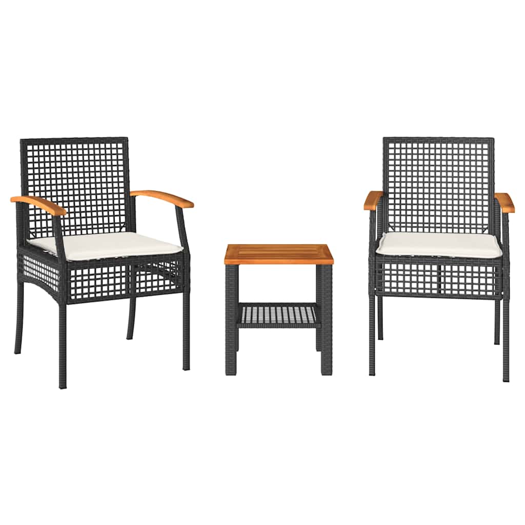 Set da Bistrò 3 pz con Cuscini Nero Polyrattan e Legno Acacia