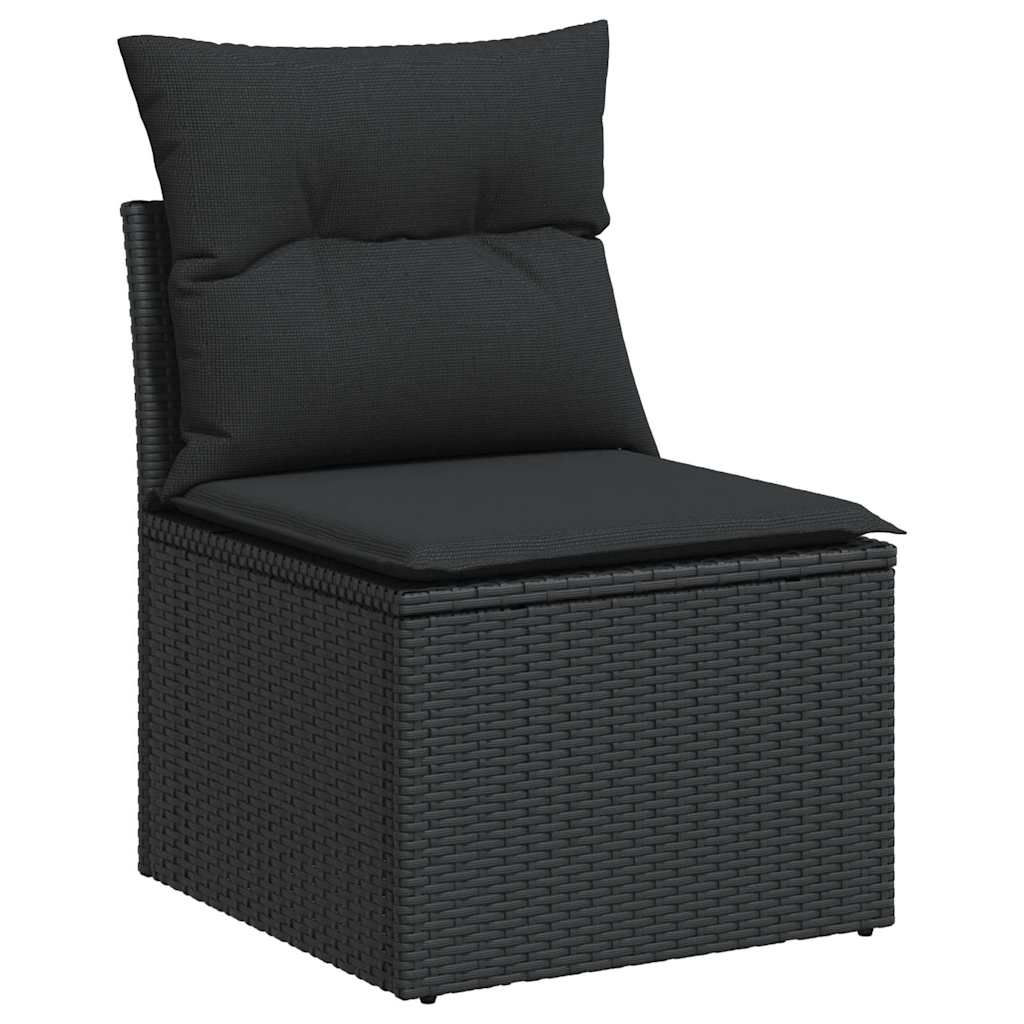 Divano da giardino senza braccioli con cuscini nero in polyrattan