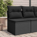Divano da giardino senza braccioli con cuscini nero in polyrattan