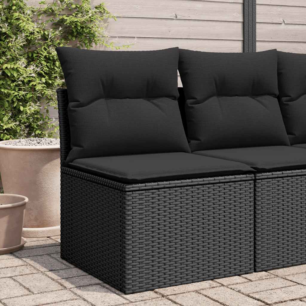 Divano da giardino senza braccioli con cuscini nero in polyrattan