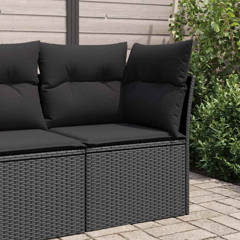 Divano da giardino angolare con cuscini nero in polyrattan