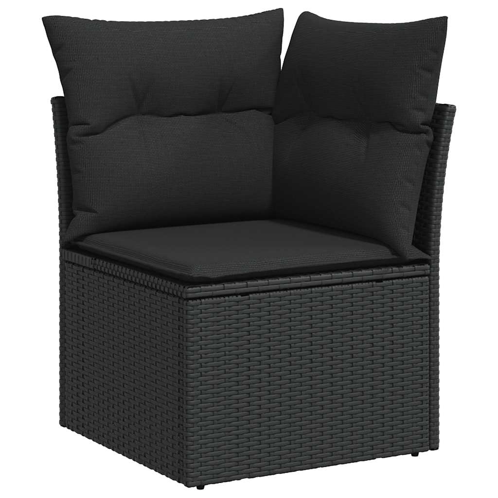 Divano da giardino angolare con cuscini nero in polyrattan