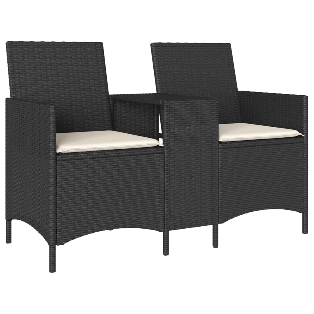 Divano da Giardino a 2 Posti Tavolo Cuscini Nero in Polyrattan