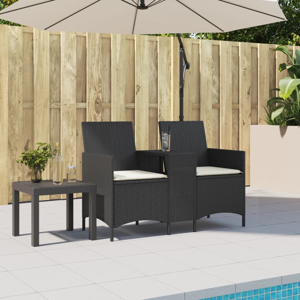 Divano da Giardino a 2 Posti Tavolo Cuscini Nero in Polyrattan