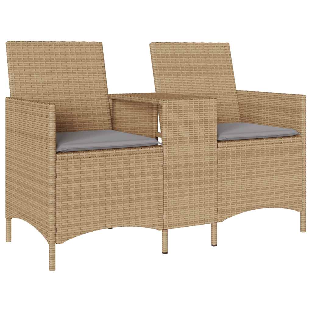 Divano Giardino 2 Posti con Tavolo e Cuscini Beige Polyrattan