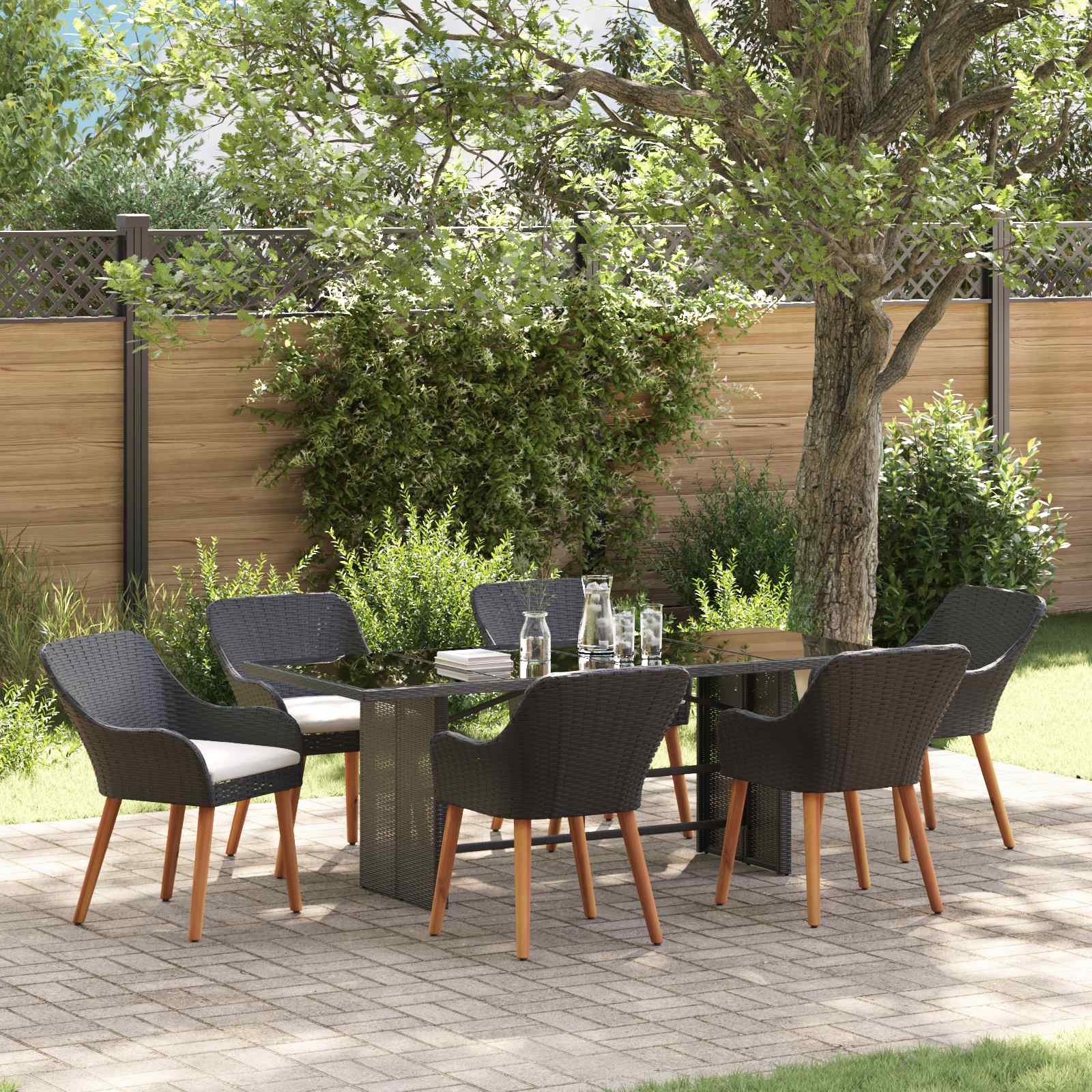 Set da Pranzo per Giardino 7 pz Nero polyrattan