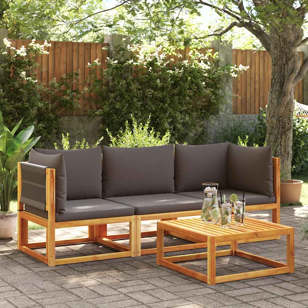 Divano da giardino angolare con cuscini in legno di acacia e corda