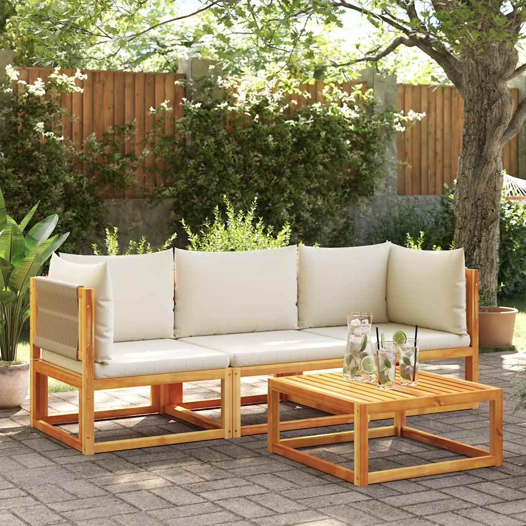 Divano da giardino angolare con cuscini in legno di acacia e corda