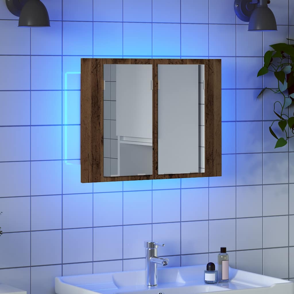 Mobile Specchio LED Legno Antico 60x12x45 cm Legno Multistrato