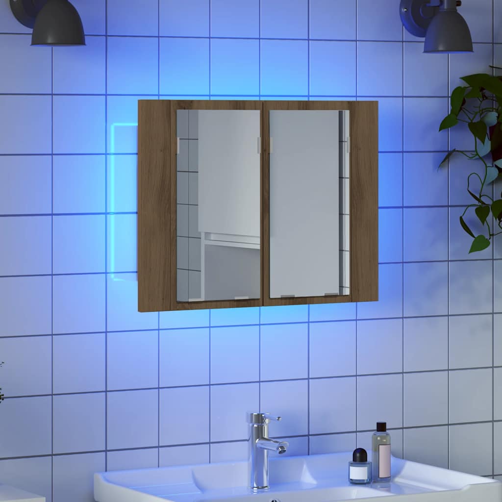 Mobile Specchio LED Rovere Artigianale 60x12x45 cm Multistrato