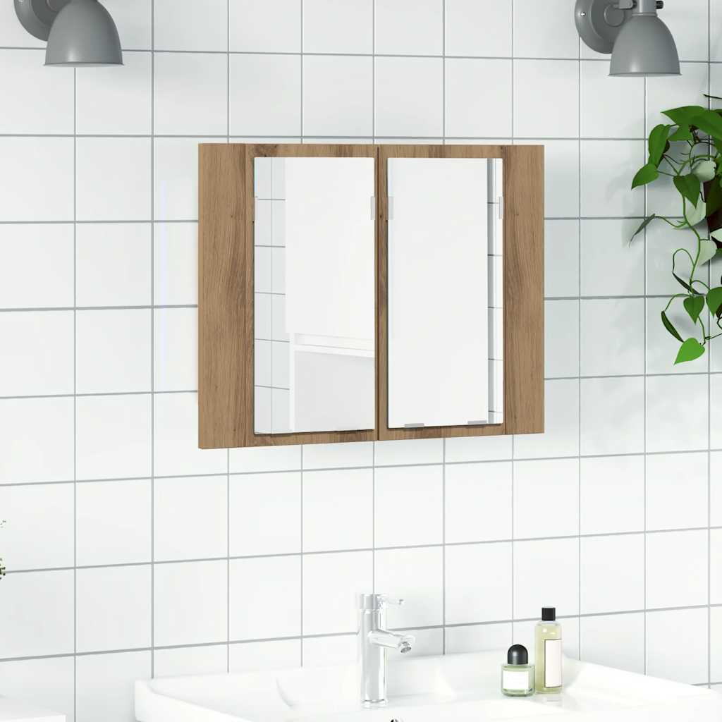 Mobile Specchio LED Rovere Artigianale 60x12x45 cm Multistrato