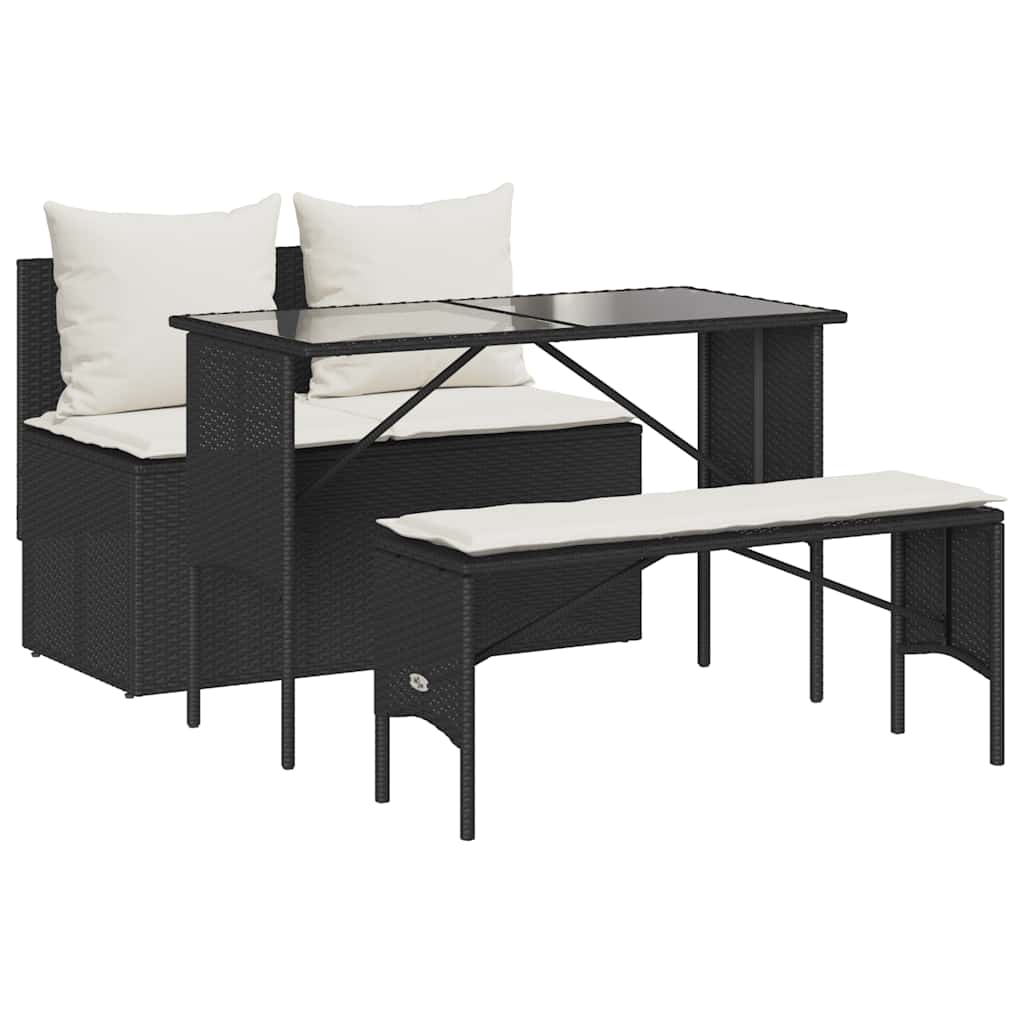 Set da Pranzo da Giardino 3 pz con Cuscini Nero in Polyrattan