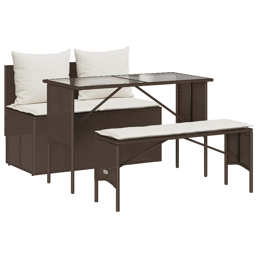 Set da Pranzo da Giardino 3pz con Cuscini in Polyrattan Marrone