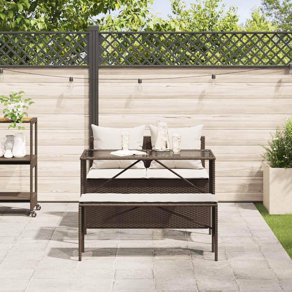 Set da Pranzo da Giardino 3pz con Cuscini in Polyrattan Marrone