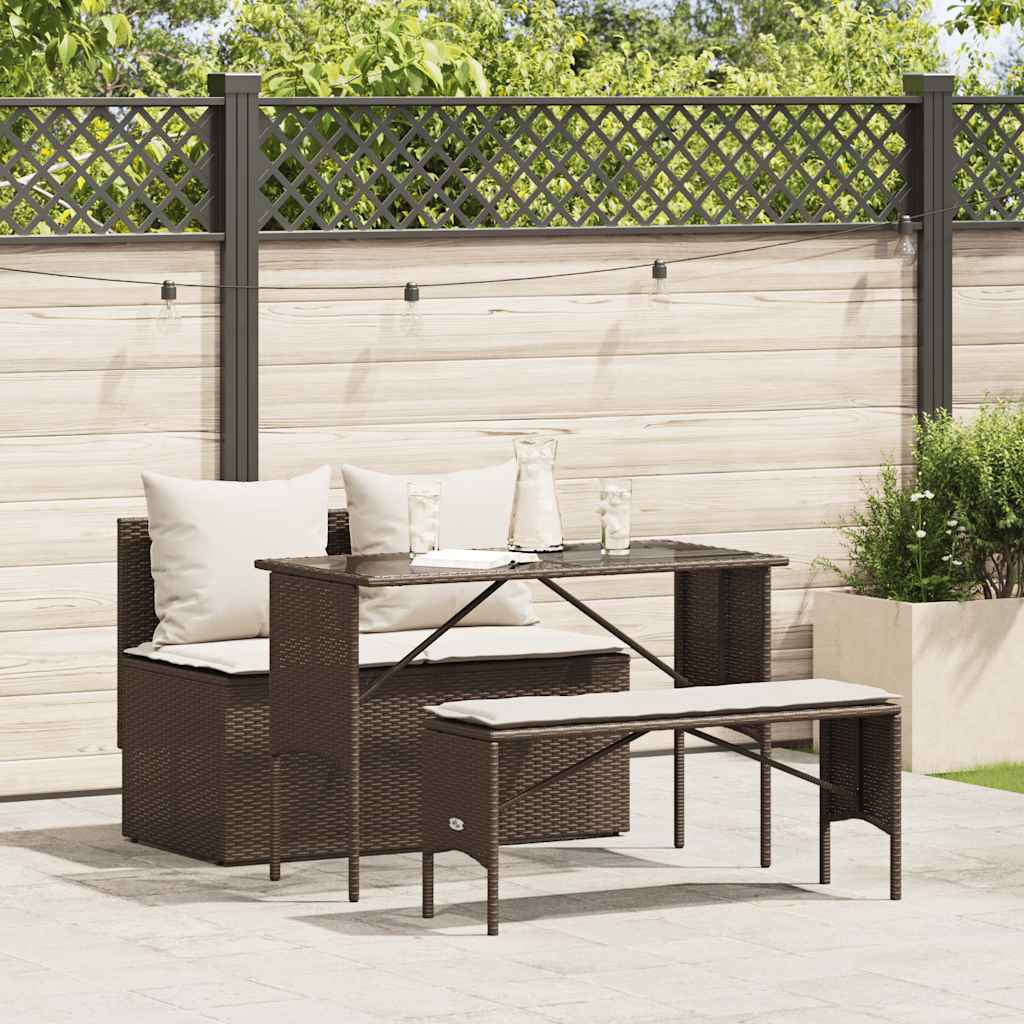 Set da Pranzo da Giardino 3pz con Cuscini in Polyrattan Marrone