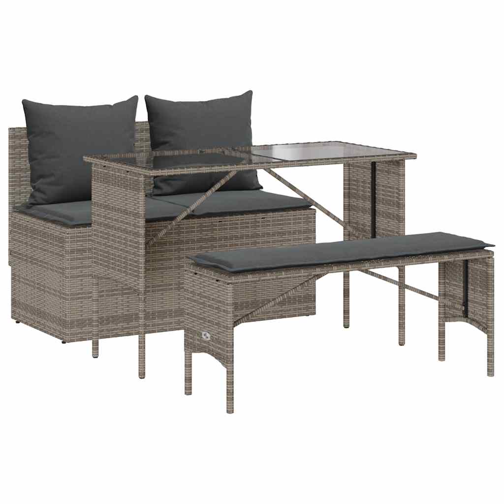 Set da Pranzo da Giardino 3 pz con Cuscini in Polyrattan Grigio