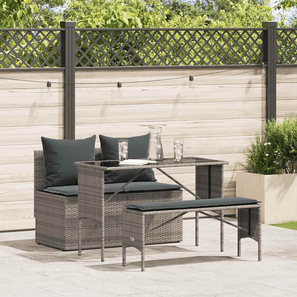 Set da Pranzo da Giardino 3 pz con Cuscini in Polyrattan Grigio