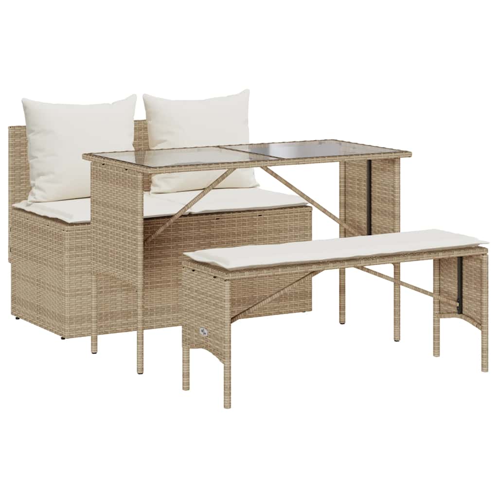 Set da Pranzo da Giardino 3 pz con Cuscini Beige in Polyrattan