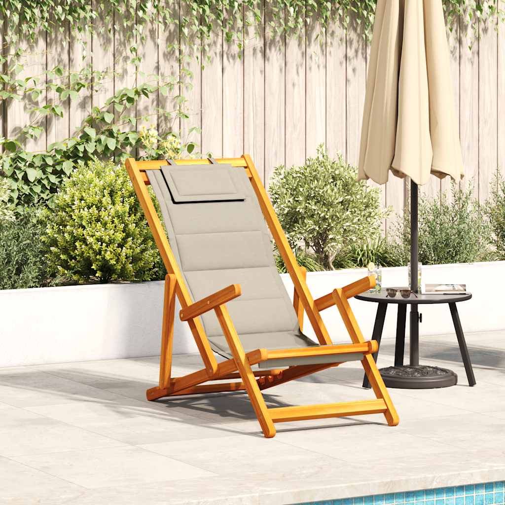 Sedia pieghevole con braccioli in legno di acacia color tortora e Textilene