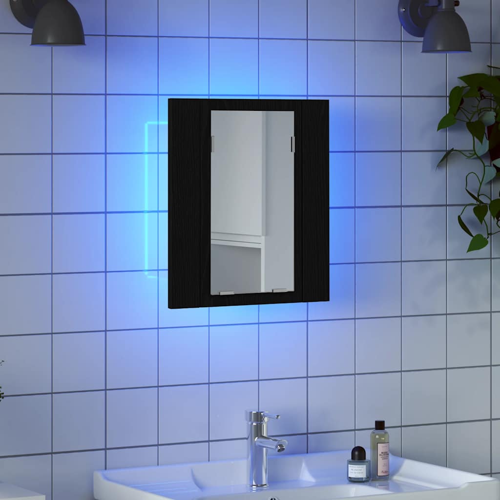Mobiletto con specchio a LED per bagno Rovere Nero 40x12x45 cm in Legno Multistrato