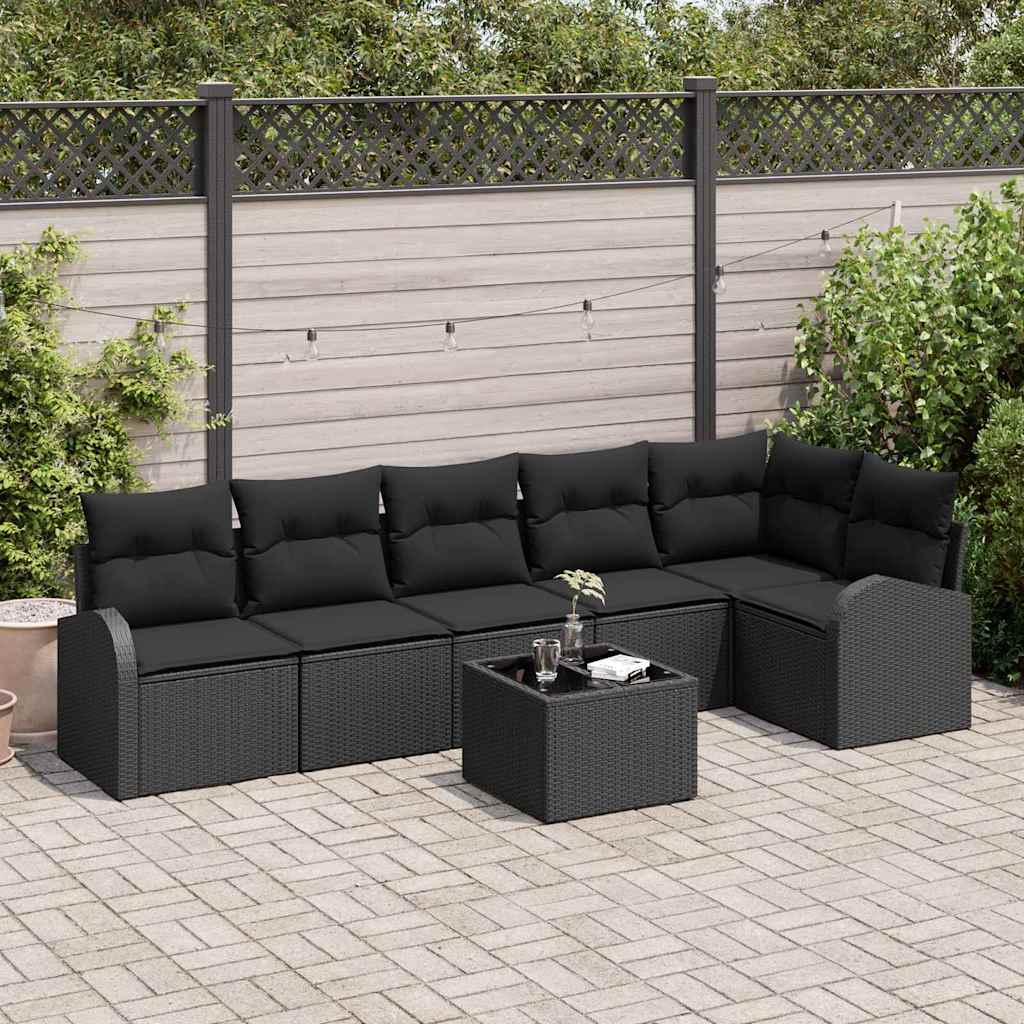 Set Divano da Giardino con cuscino 7 pcs Nero Poly Rattan
